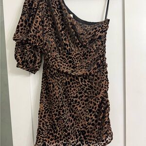 Camila Coelho Pilar Brown Leopard Animal Print One Shoulder Mini Dress Sz S